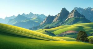 A wide landscape of nature showing fields and mountains under a blue sky, reflecting peace and tranquility.