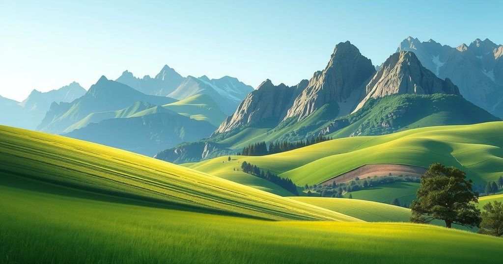 A wide landscape of nature showing fields and mountains under a blue sky, reflecting peace and tranquility.