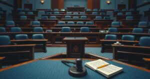 A political debate scene with a gavel, flags, and official documents in a legislative chamber.