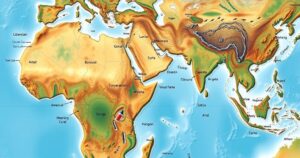 A visualization of climate impact on Somali crow habitats with geographic features in warm tones and cool blues.