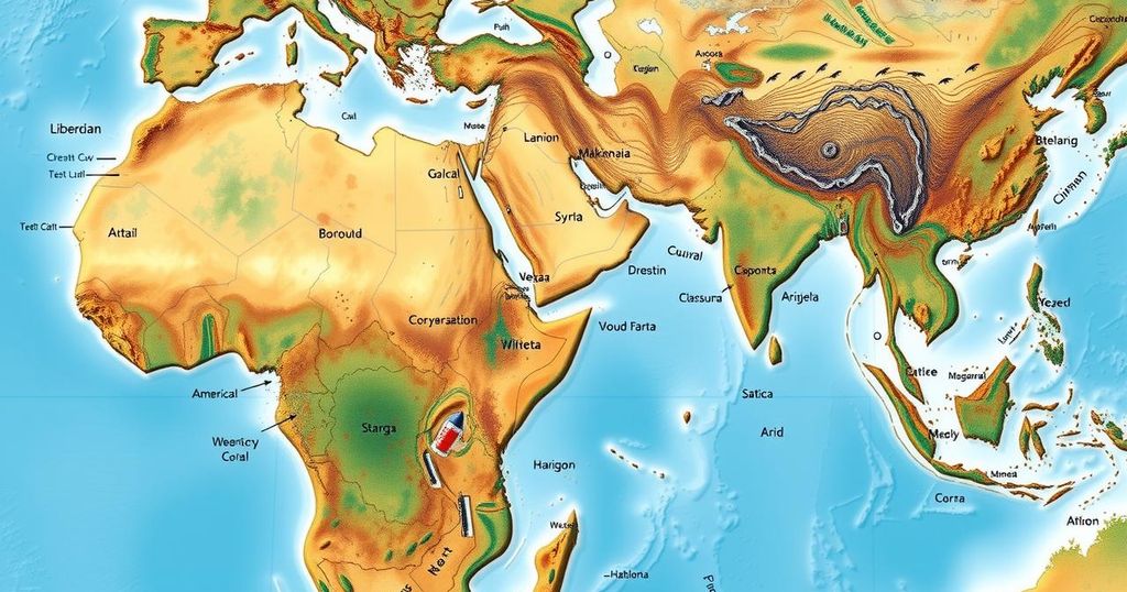 A visualization of climate impact on Somali crow habitats with geographic features in warm tones and cool blues.