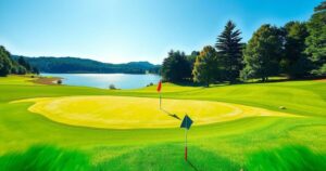 A golf course scene featuring a vibrant green expanse with a clear blue sky, showcasing a dynamic golfing activity.