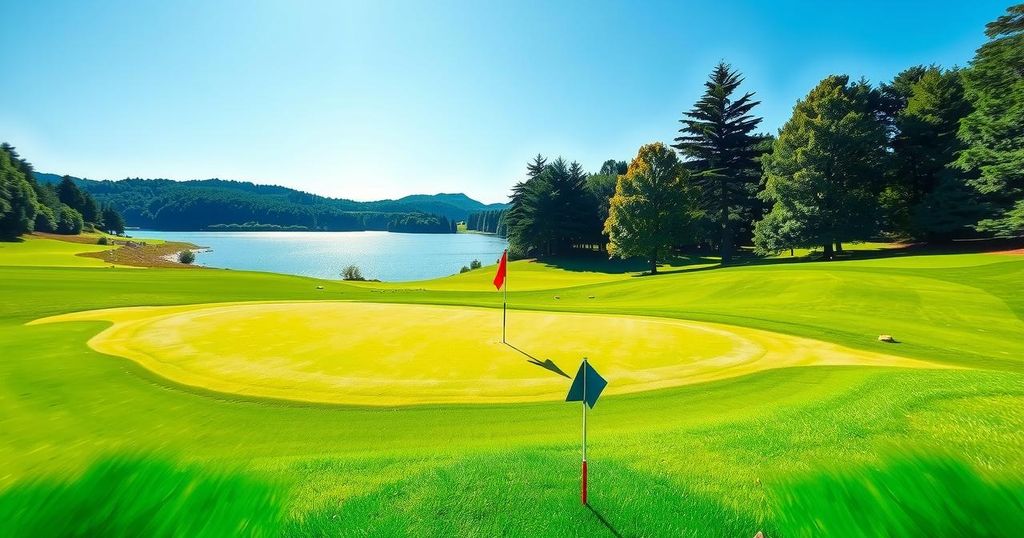 A golf course scene featuring a vibrant green expanse with a clear blue sky, showcasing a dynamic golfing activity.