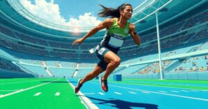 Flying track athlete in a stadium, showcasing a dynamic racing moment with a blur effect, bright colors.