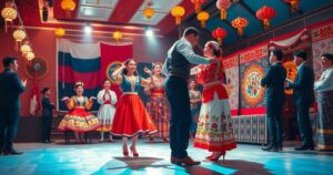 Cultural exchange event with traditional dances and performances in vibrant colors, showcasing Russian and North Korean art.