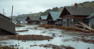 Devastating flood aftermath in Eastern Cape, with damaged homes and muddy landscapes symbolizing climate change impact.