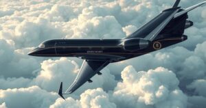 A luxurious jet in a cloudy sky, showcasing security features with sleek design and a dark color scheme.