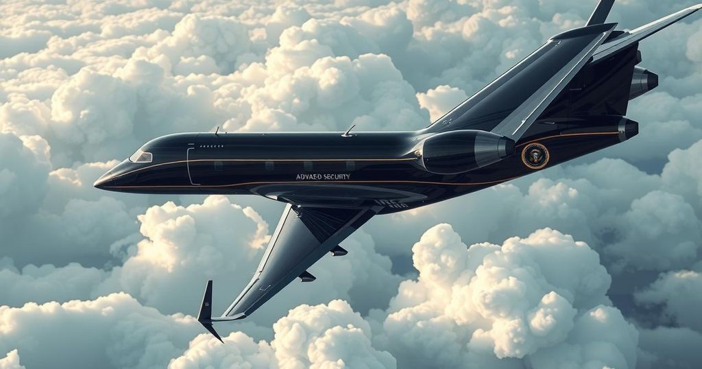 A luxurious jet in a cloudy sky, showcasing security features with sleek design and a dark color scheme.