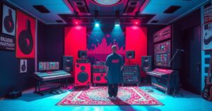A vibrant music studio with colorful sound equipment and microphones highlighting creativity and musical expression.
