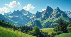 A serene landscape featuring mountains and lush greenery under a clear blue sky, depicting tranquility.