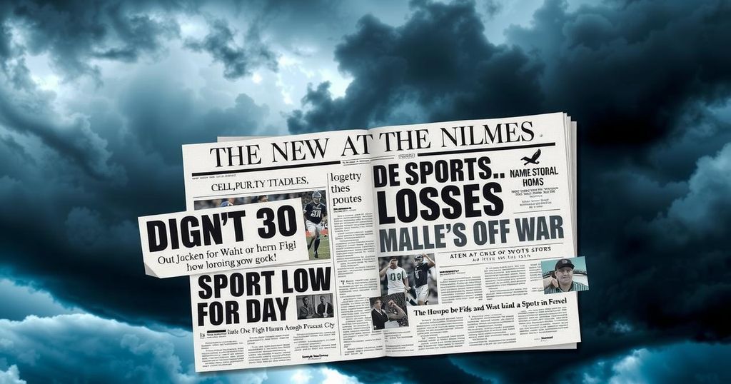 A newspaper with headlines highlighting political milestones and sports news against a backdrop of a stormy sky.
