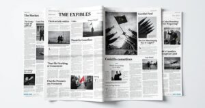 A newspaper spread featuring headlines about international ceasefires, conflicts, and government pledges on defense.