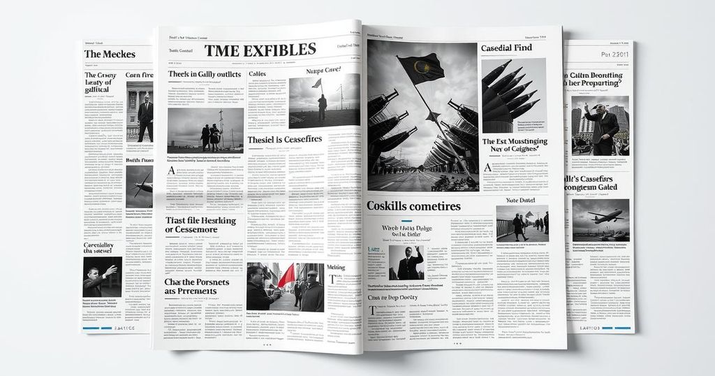 A newspaper spread featuring headlines about international ceasefires, conflicts, and government pledges on defense.