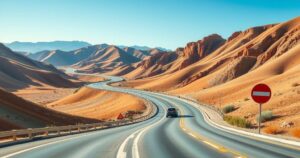 A picturesque Moroccan landscape showing winding roads and scenic mountains under a clear blue sky for road safety.