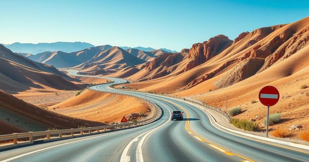 A picturesque Moroccan landscape showing winding roads and scenic mountains under a clear blue sky for road safety.