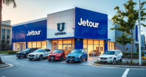 Modern automotive dealership with sleek design and vibrant colors in Lekki area, showcasing Jetour vehicles.