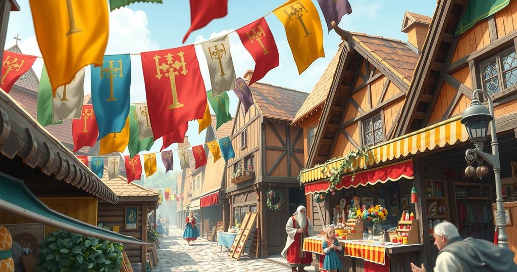 A serene scene of a vibrant Renaissance fair with colorful banners and rustic wooden stalls.