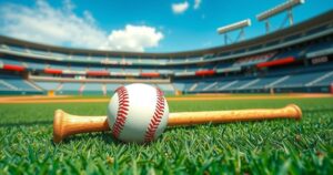Colorful baseball scene with a baseball bat and a baseball in a stadium setting, showcasing teamwork and sportsmanship.
