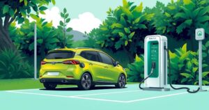 A green electric vehicle charging in a vibrant Rwanda landscape, highlighting eco-friendly transportation and innovation.