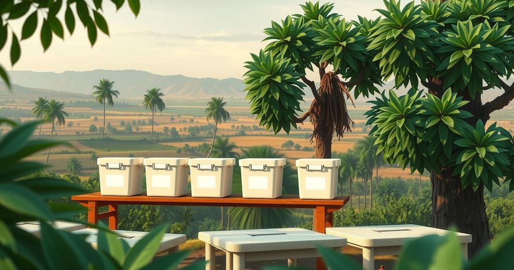 A landscape of a voting place in Burundi, showcasing ballot boxes and a serene environment in East Africa.