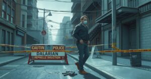 A police scene with caution tape and police barriers in a city setting during an investigation.