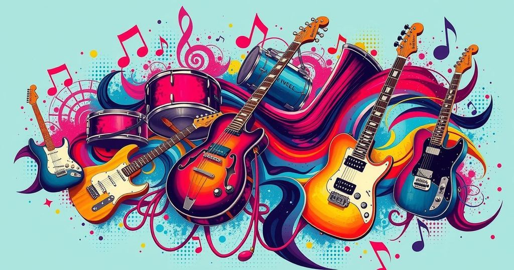 A colorful illustration of a musical journey, featuring instruments and vibrant sound waves in an uplifting style.