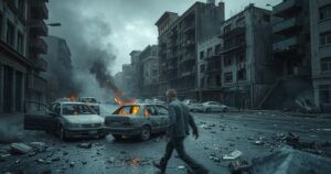 Scorched wreckage of vehicles in a chaotic urban scene after multiple bomb attacks in Colombia.