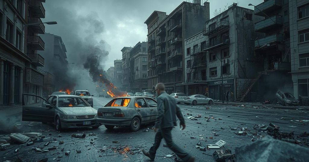 Scorched wreckage of vehicles in a chaotic urban scene after multiple bomb attacks in Colombia.