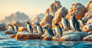 A serene coastal scene with African penguins nesting among rocks, surrounded by waves and a clear blue sky.