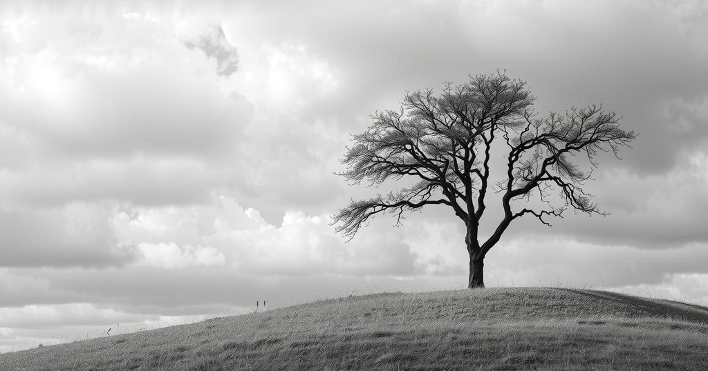 A somber landscape in shades of gray with a lone tree and cloudy skies, symbolizing loss and remembrance.