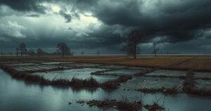 A somber landscape of flooding aftermath, showcasing dark storm clouds and muddy water covering fields.