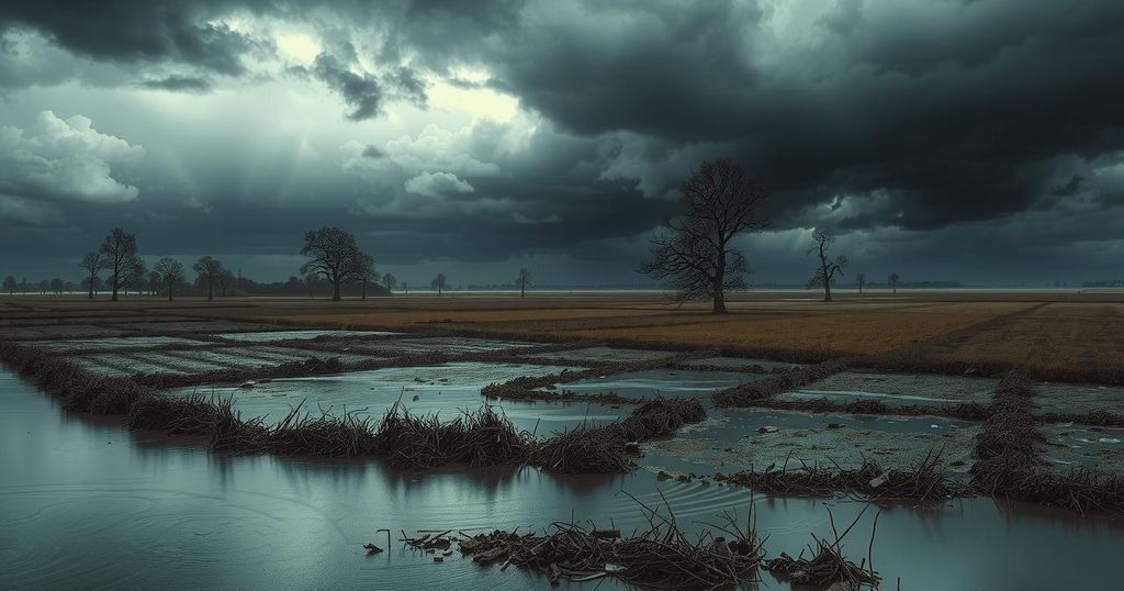 A somber landscape of flooding aftermath, showcasing dark storm clouds and muddy water covering fields.