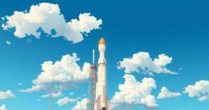 A rocket launching into space against a backdrop of a blue sky with white clouds, symbolizing the excitement of space exploration.