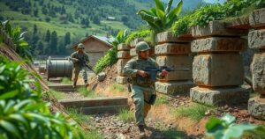 Military construction workers and deminers restoring infrastructure in a vibrant landscape, conveying teamwork and determination.