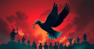 Silhouette of a dove with olive branch against a backdrop of conflict symbols, representing peace efforts in the region.