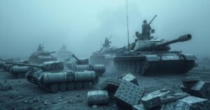 A military landscape with silhouettes of tanks and weapons amid a misty background, in muted greys and blues.