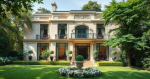 Luxurious home in London with modern architecture and greenery, representing wealth and assets frozen by authorities.
