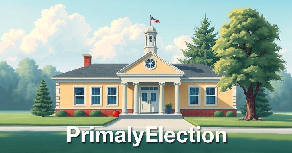 A serene school building with quiet surroundings representing a primary election setting.