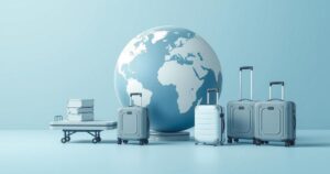 A travel-themed collage with airport elements, suitcases, and a globe in a modern minimalist style with a blue and gray color scheme.