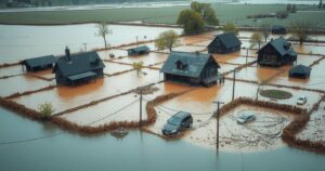 Devastating flood aftermath in a rural area with submerged homes and debris scattered in water.