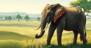 A serene Lowhills Farm landscape with a calm elephant in an educational setting.