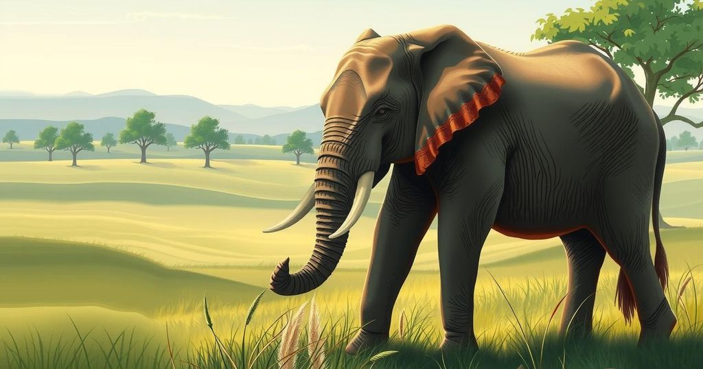 A serene Lowhills Farm landscape with a calm elephant in an educational setting.