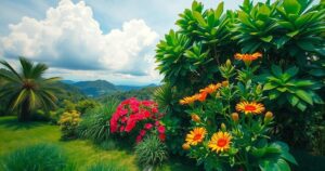 A serene outdoor scene in Mexico with lush greenery and vibrant colorful flowers, suggesting a peaceful atmosphere.