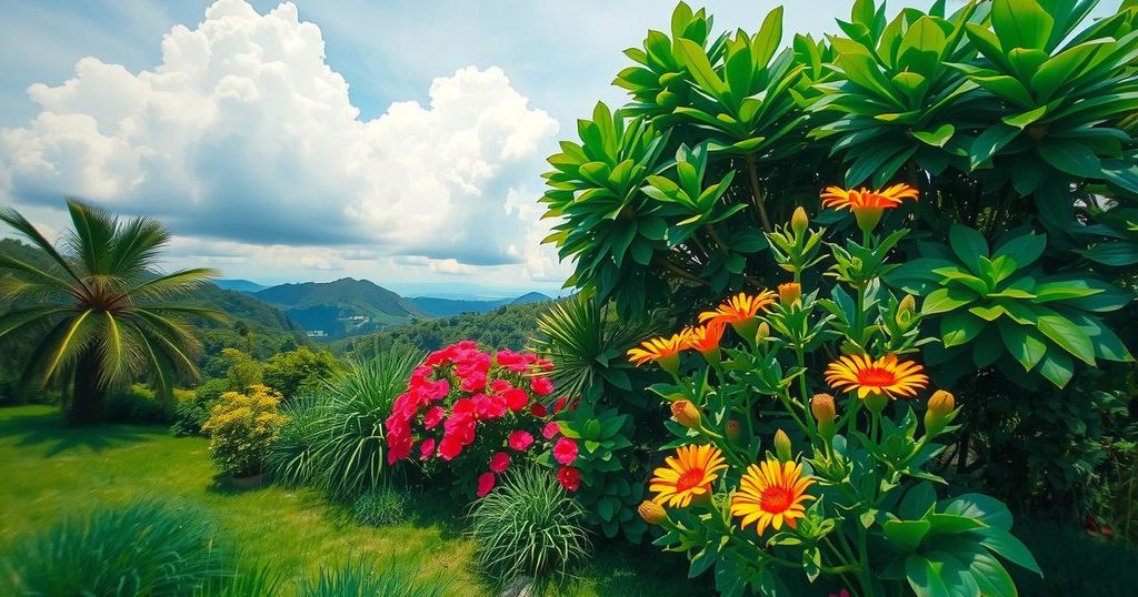 A serene outdoor scene in Mexico with lush greenery and vibrant colorful flowers, suggesting a peaceful atmosphere.