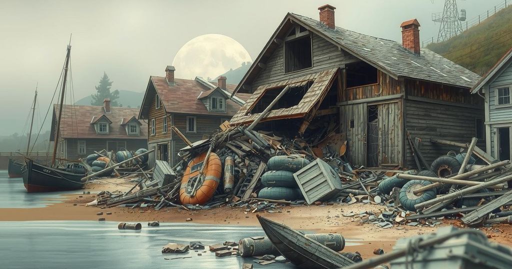 Collapsed building in Cape Coast surrounded by debris and damaged structures, illustrating disaster's aftermath.