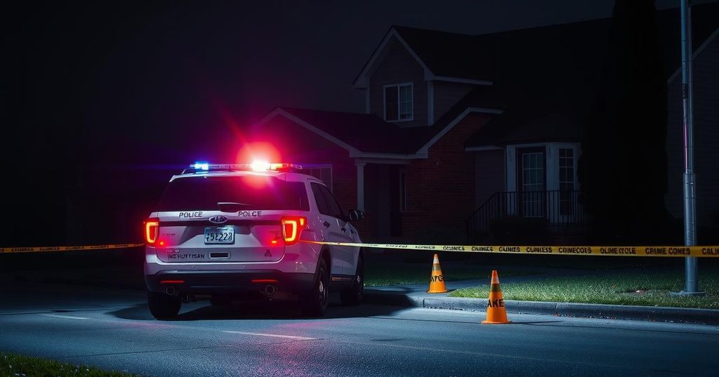 A dark and moody representation of a police investigation scene with a vehicle, evidence markers, and ominous atmospheres.
