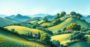 A serene landscape with rolling hills, vibrant greenery, and a clear blue sky, reflecting peace and tranquility.