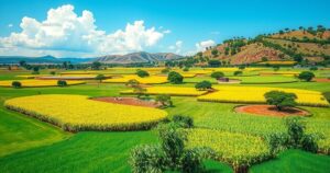 A colorful illustration depicting a vibrant Kenyan landscape with green fields and bountiful harvests.