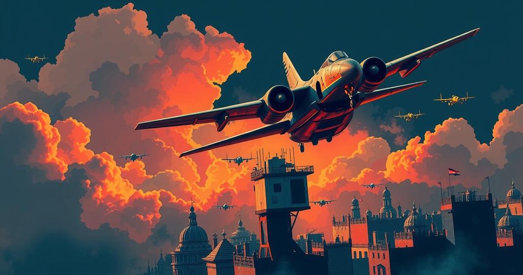 A strategic depiction of military airstrikes over a cityscape in a dramatic, colorful illustration.