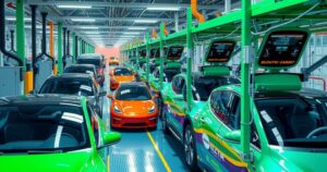 A vibrant electric vehicle factory in Brazil showcasing modern assembly lines and electric cars ready for shipment.